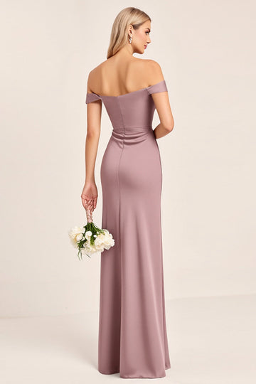 Vintage Mauve Satin Off The Shoulder Long Bridesmaid Dress with Slit
